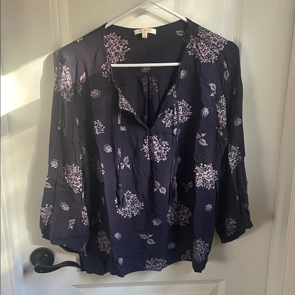Skies Are Blue Dark Blue and Lavender Floral Blouse